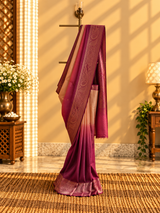 Almond cream and wine ombré shaded tussar georgette saree with a traditional paisley border and pallu