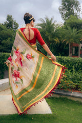 Cream Handpainted Pure Benarasi Georgette Saree