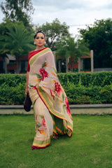 Cream Handpainted Pure Benarasi Georgette Saree