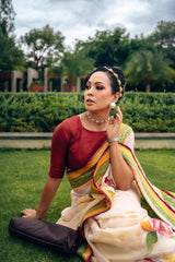 Cream Handpainted Pure Benarasi Georgette Saree