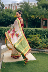 Cream Handpainted Pure Benarasi Georgette Saree