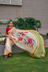 Cream Handpainted Pure Benarasi Georgette Saree