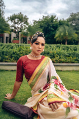 Cream Handpainted Pure Benarasi Georgette Saree