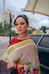 Cream Handpainted Pure Benarasi Georgette Saree