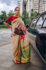 Cream Handpainted Pure Benarasi Georgette Saree