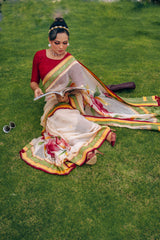 Cream Handpainted Pure Benarasi Georgette Saree