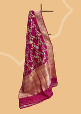 An heirloom-worthy saree, this Rani pink ektara kadhwa is crafted from the finest pure silk Benarasi. Woven by Roliana artisans with a meenakari jaal, its vibrant hue and delicate handwork make it a timelessly elegant piece.