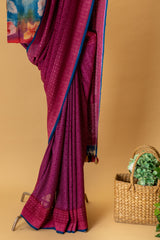 Falsa pure benarsi georgette saree with thread work bootis teamed with a tussar handpainted blouse by Roliana Weaves. Pure Banarasi Sari.