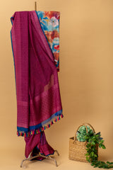 Falsa pure benarsi georgette saree with thread work bootis teamed with a tussar handpainted blouse by Roliana Weaves. Pure Banarasi Sari.