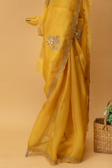 Yellow pure organza handwoven saree with floral zardozi embroidery by Roliana Weaves. Shop handcrafted sarees online. Ekaya, Tifli, Sacred Weaves