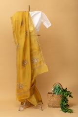 Yellow pure organza handwoven saree with floral zardozi embroidery by Roliana Weaves. Shop handcrafted sarees online. Ekaya, Tifli, Sacred Weaves