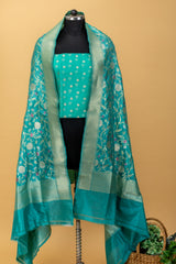 Powder blue silk pure handwoven benarasi dupatta with a zari meenakari all over jaal by Roliana Weaves. Best pure banarasi dupatta online