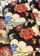 A Tibetan design meenakari upada jaal with gold zari and meenakari contrast floral bootas. Shop pure Benarasi Fabric thaans at Roliana Weaves New Delhi