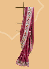 pink tussar georgette saree with silver bootis and a meenakari paithani style border and pallu. Shop the best collection of authentic, handwoven, pure benarasi sarees with Roliana New Delhi