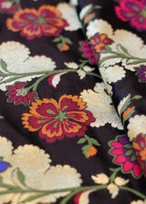 A Tibetan design meenakari upada jaal with gold zari and meenakari contrast floral bootas. Shop pure Benarasi Fabric thaans at Roliana Weaves New Delhi