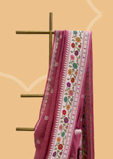 pink tussar georgette saree with silver bootis and a meenakari paithani style border and pallu. Shop the best collection of authentic, handwoven, pure benarasi sarees with Roliana New Delhi