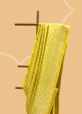 A lime yellow brocade woven saree in a very delicate design with beautiful contrast blue purple detalling.. A pure Banarasi wedding Sari Shop the best collection of authentic, handwoven, pure benarasi sarees with Roliana New Delhi