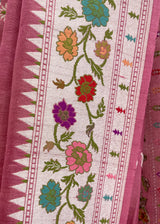 pink tussar georgette saree with silver bootis and a meenakari paithani style border and pallu. Shop the best collection of authentic, handwoven, pure benarasi sarees with Roliana New Delhi