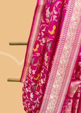 Rani pink gajji saree with shikargah meenakari weave and a gold inlay shikargah motif border and pallu Shop the best collection of authentic, handwoven, pure benarasi sarees with Roliana New Delhi