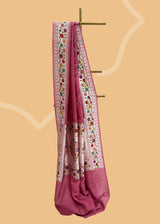 pink tussar georgette saree with silver bootis and a meenakari paithani style border and pallu. Shop the best collection of authentic, handwoven, pure benarasi sarees with Roliana New Delhi