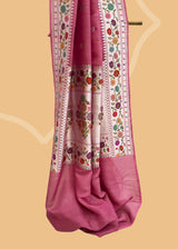 pink tussar georgette saree with silver bootis and a meenakari paithani style border and pallu. Shop the best collection of authentic, handwoven, pure benarasi sarees with Roliana New Delhi