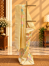 A silk rangkat saree in beautiful kadhwa weave with a mix of light pastel shades merging into each other