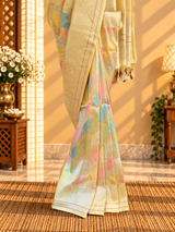 A silk rangkat saree in beautiful kadhwa weave with a mix of light pastel shades merging into each other