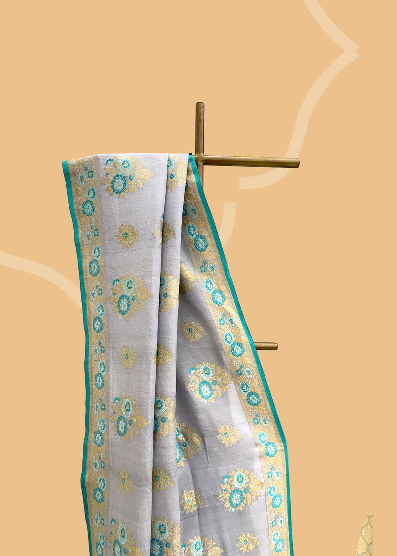 Grey & Firozi Floral Tussar Georgette Saree