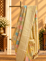 A silk rangkat saree in beautiful kadhwa weave with a mix of light pastel shades merging into each other