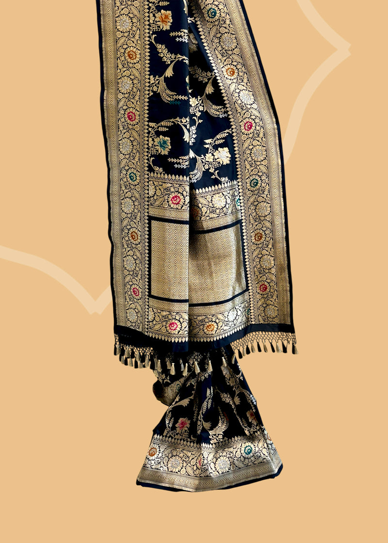 Black Floral Jangla Soft Silk Saree
