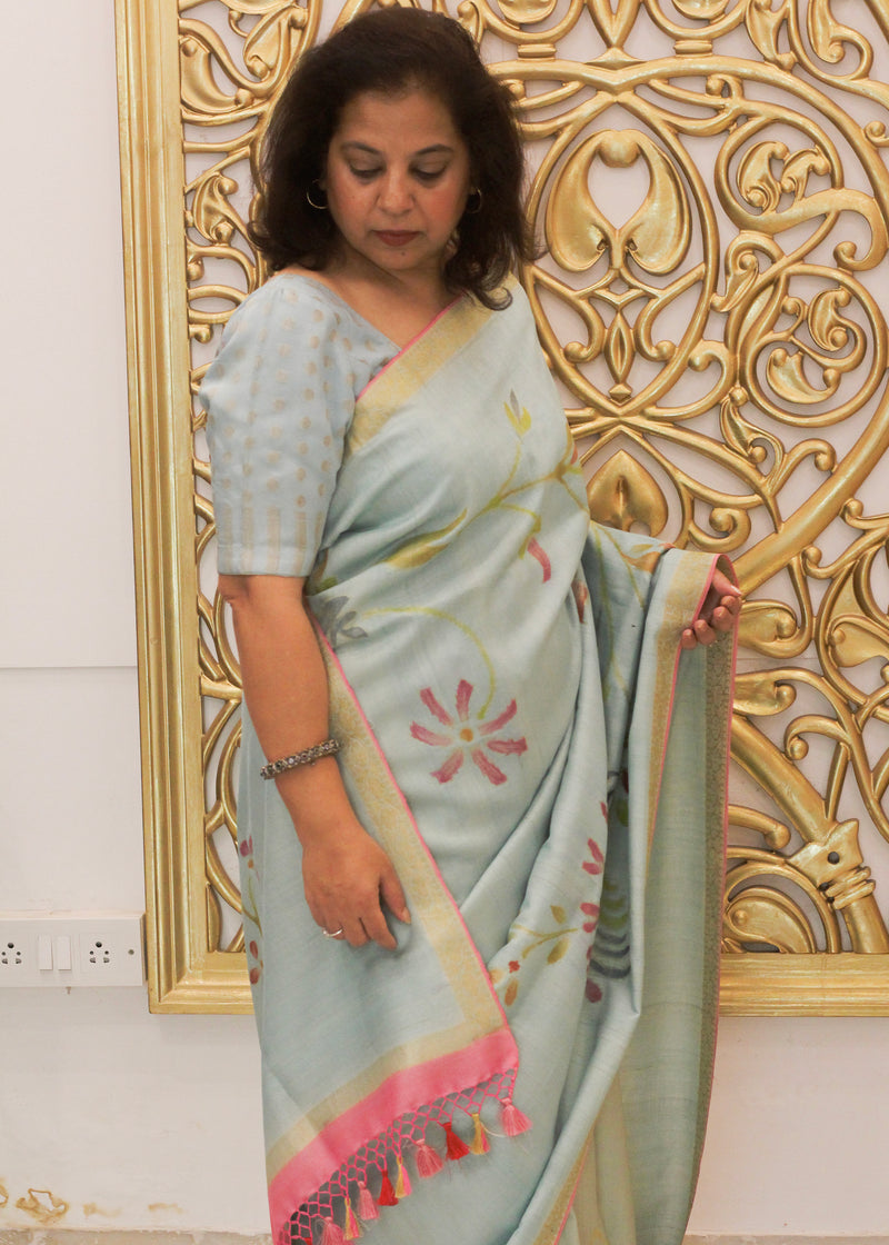 Pale Blue Floral Tussar Georgette Saree