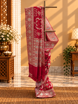 Silk ektaara jaal saree in a one of a kind kahwa jaal with meenakari detailing and an ornamental border and pallu