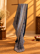 ⁠Blue Meenakari Silk Brocade Jaal Saree