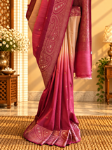 Almond cream and wine ombré shaded tussar georgette saree with a traditional paisley border and pallu