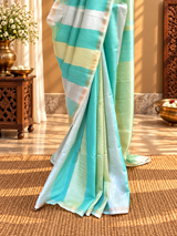 ⁠Aqua Green Striped Zari Saree