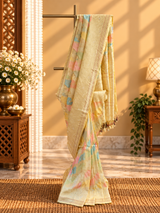 A silk rangkat saree in beautiful kadhwa weave with a mix of light pastel shades merging into each other