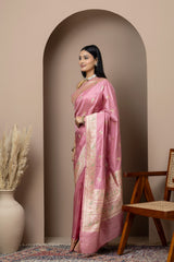 Powder Pink Silk Saree with Parrot Bootis