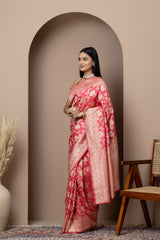 Tomato Pink Floral Silk Saree