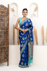 Royal Blue Tussar Georgette Saree with Firozi Meenakari