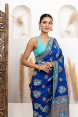 Royal Blue Tussar Georgette Saree with Firozi Meenakari