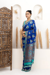 Royal Blue Tussar Georgette Saree with Firozi Meenakari
