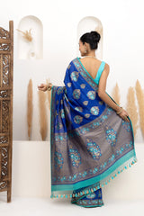 Royal Blue Tussar Georgette Saree with Firozi Meenakari