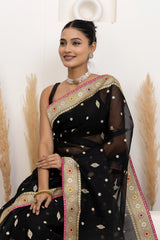 Black Organza Saree With Zari Bootas