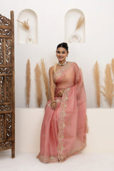 Salmon Pink Embroidered Organza Saree