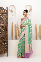 Aqua Green Zari Stripes Georgette Saree