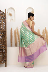 Aqua Green Zari Stripes Georgette Saree