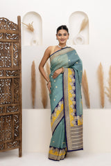 Teal Blue Organza Saree With Bootis