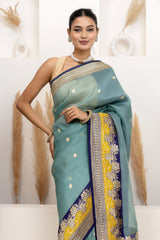 Teal Blue Organza Saree With Bootis
