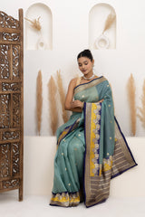 Teal Blue Organza Saree With Bootis