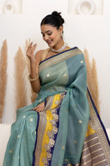 Teal Blue Organza Saree With Bootis